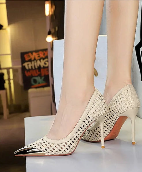 Fashion Metal Decoration Pointed Toe Pumps Woman Thin Heels Sexy Hollow Out Ladies Shoes