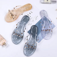 Women Jelly Slippers Rivets Studs Bow-Knot Leisure Daily Flip-Flops For Raining Days Anti-Slip Flat Slippers