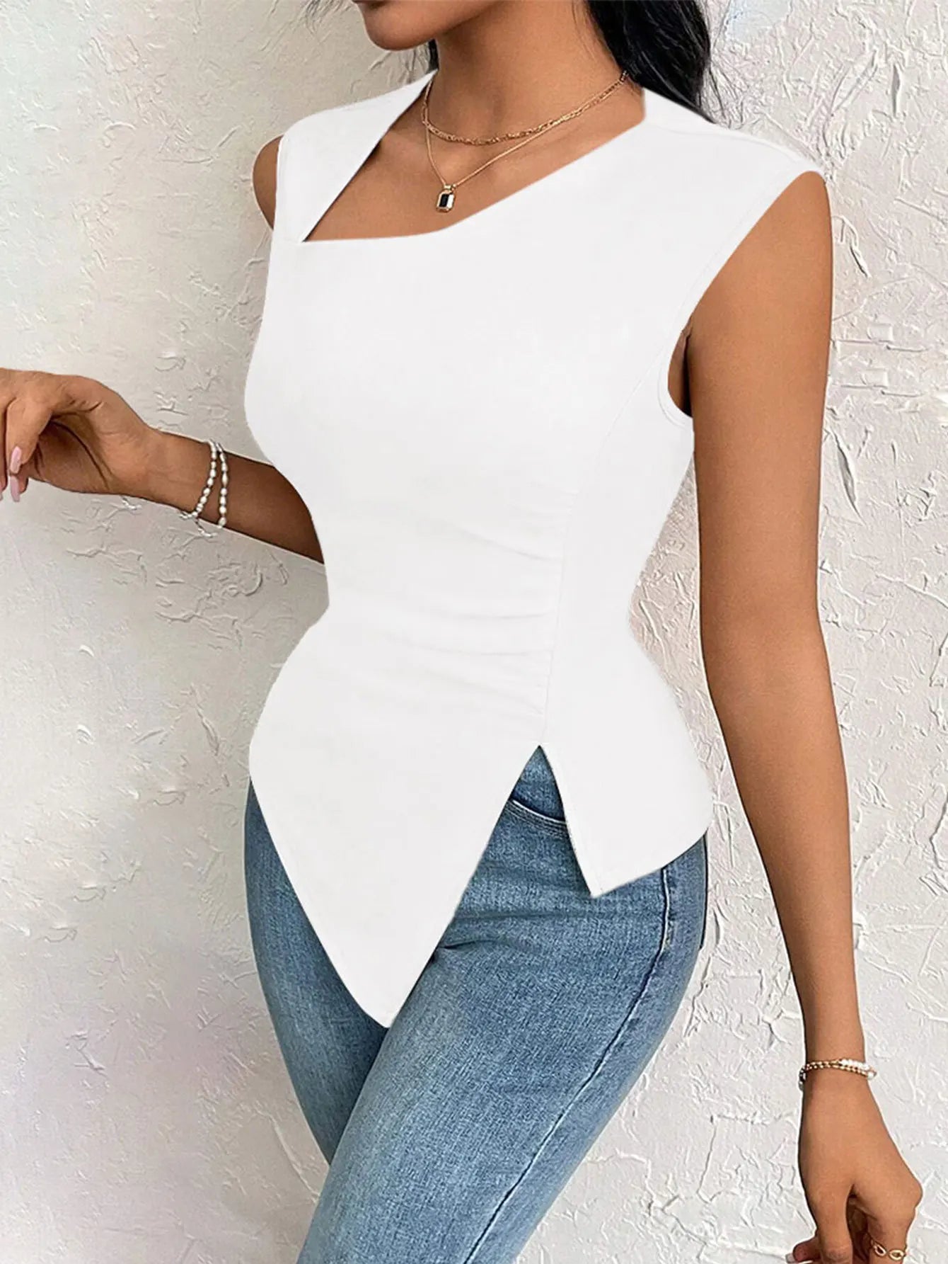 Spring Summer Elegant Stylish Daily Dating Casual Women's Sleeveless Tops Side Ruched Asymmetric Hem One-Shoulder Cut out