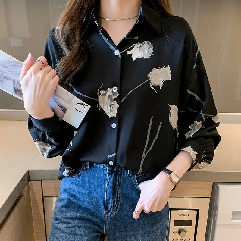 Women's Blouse Long Sleeve Rose Printed Fashionable Chiffon Shirt Long Sleeve Top