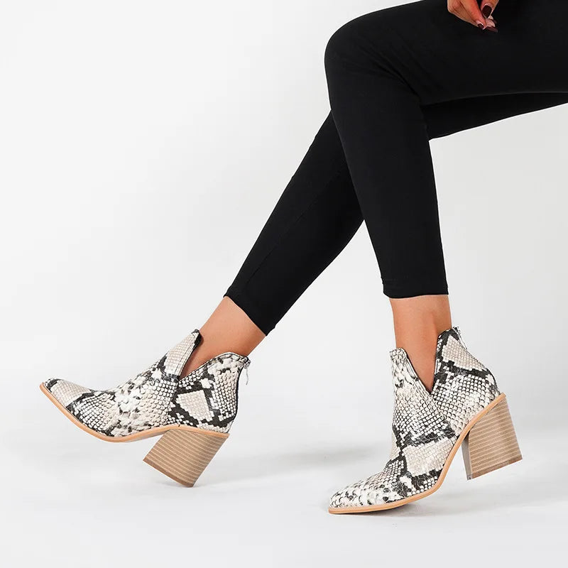 Boots Women Ankle Leopard Mid Heel Shoes Female Slip-On Casual Black Square Heel Booties