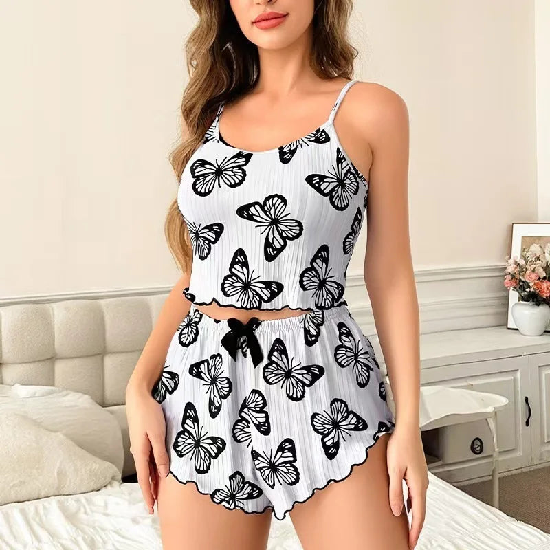 Cute Pajamas For Women Strawberry Print PJ Set Crop Cami Tops And Shorts Set 2 Piece Lounge Sets