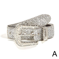 Skull Rivet Rhinestone Bb Belts Trendy Solid Color Sparkling PU Leather Belt Cowboy Cowgirl Jeans Pants Belt For Women Girls Natalia Home Fashion   Silver-CN Natalia Home Fashion