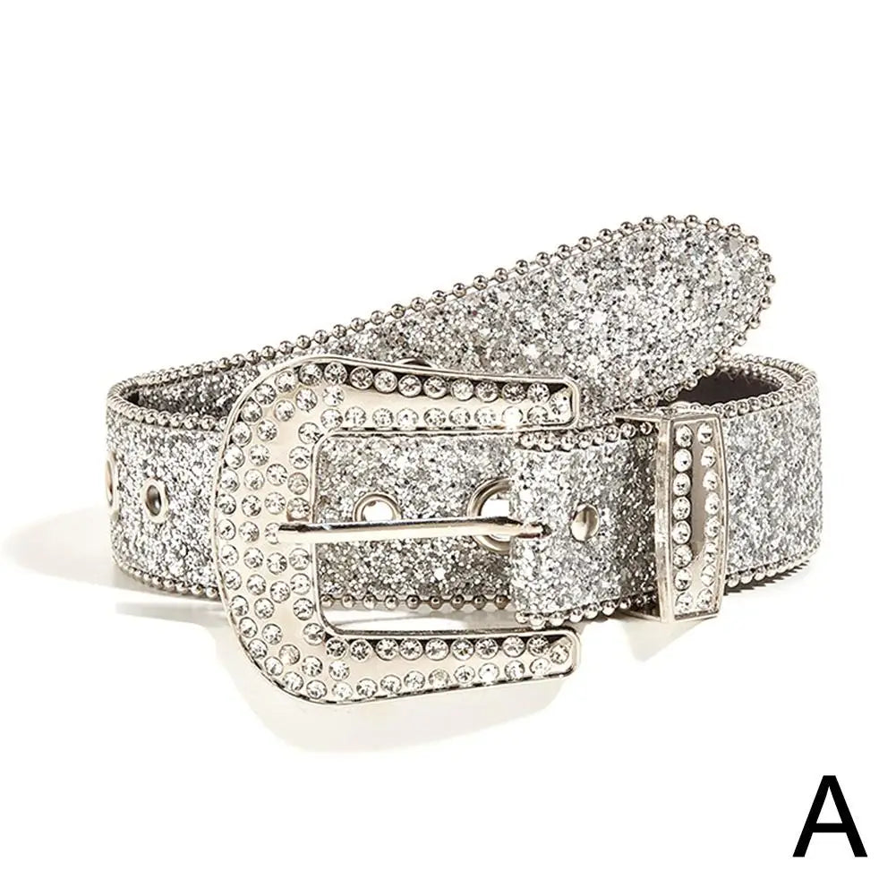 Skull Rivet Rhinestone Bb Belts Trendy Solid Color Sparkling PU Leather Belt Cowboy Cowgirl Jeans Pants Belt For Women Girls Natalia Home Fashion   Silver-CN Natalia Home Fashion