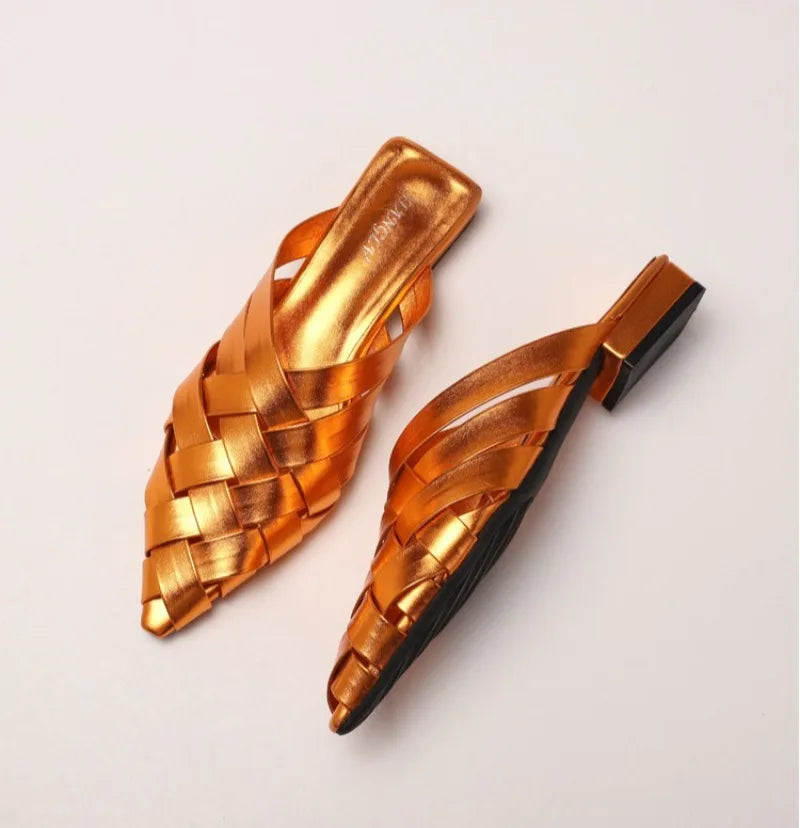 Hollow Woven Pointed Cool Slippers Women's Summer Thick Heel Outer Wear Bag Head Half Slippers Women Sandals