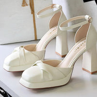 One-Strip Ultra-High Heel Sandals Platform Thick Heel Bow Women Shoes Square Toe Shallow Mouth Hollow Shoes