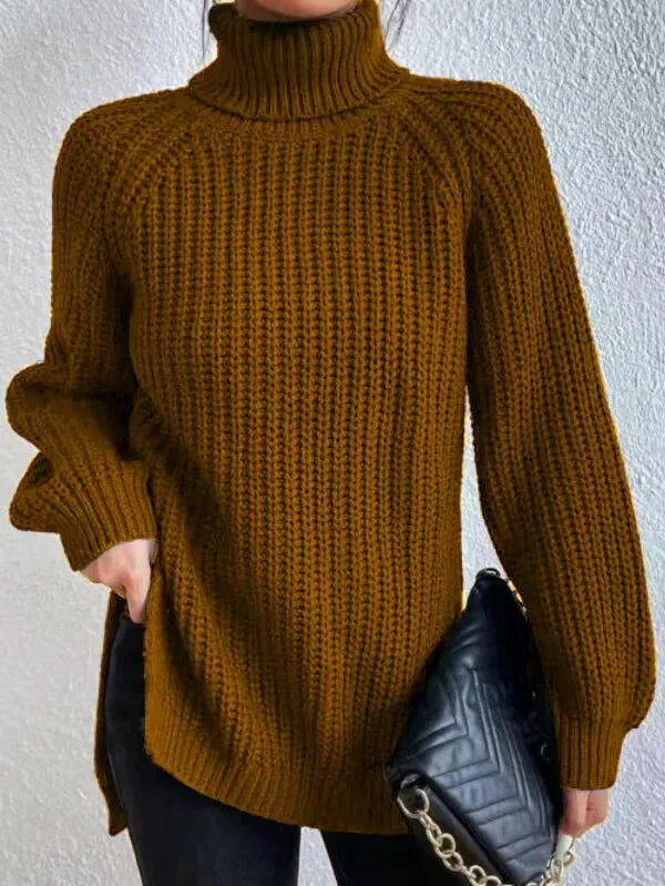Turtlenecks Women Pullovers Mid-Long Casual Knit Sweater Fad Raglan Sleeves Side Slit Sweater New Skirt-style Jumper