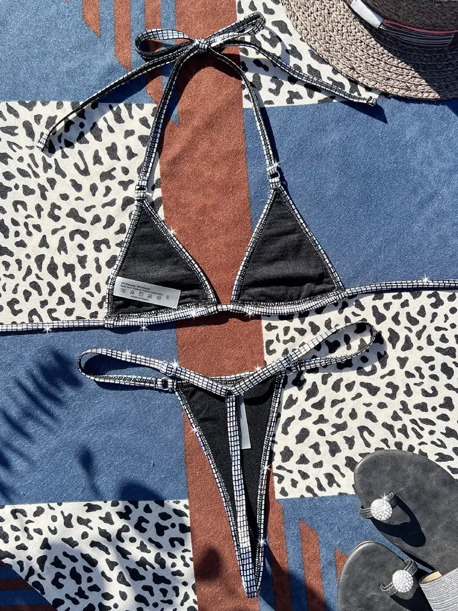 Shiny PU Leather Extreme Mini Micro String Bikini Female Swimsuit Women Swimwear Two-pieces Bikini set Halter Bathing Suit Swim