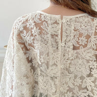 Round Neck Lace Shirt Women's Summer Floral Print Tie Dotted Cotton Blend Full Sleeve Slim Fit Button up Top