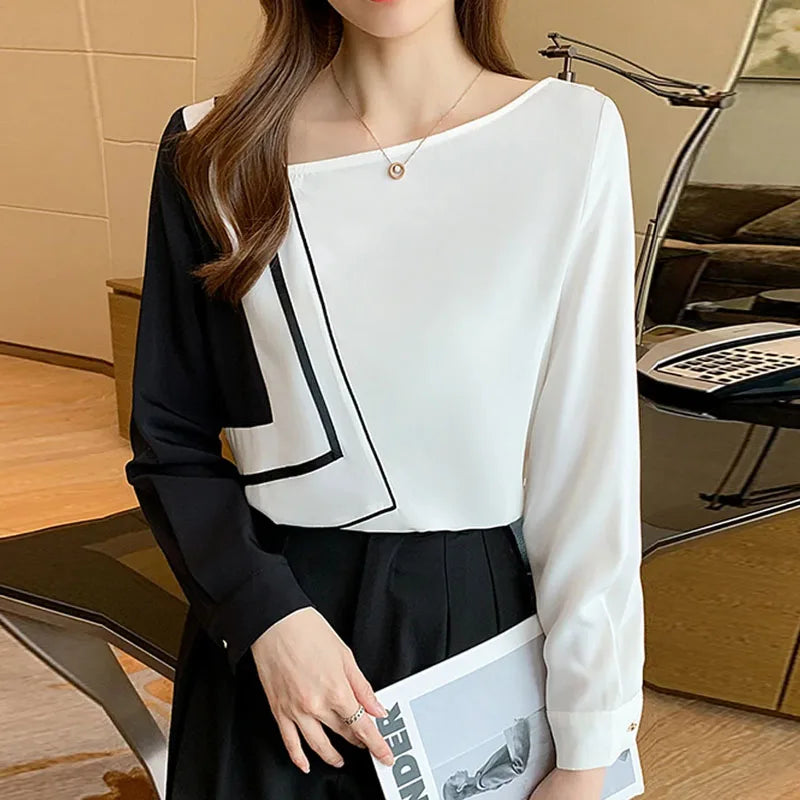 New Long Sleeve Skew Collar Women Blouse Patchwork Chiffon Blouse Shirt Women Tops Blouses Shirts Blusas Para Mujer Camisas A823 Natalia Home Fashion    Natalia Home Fashion