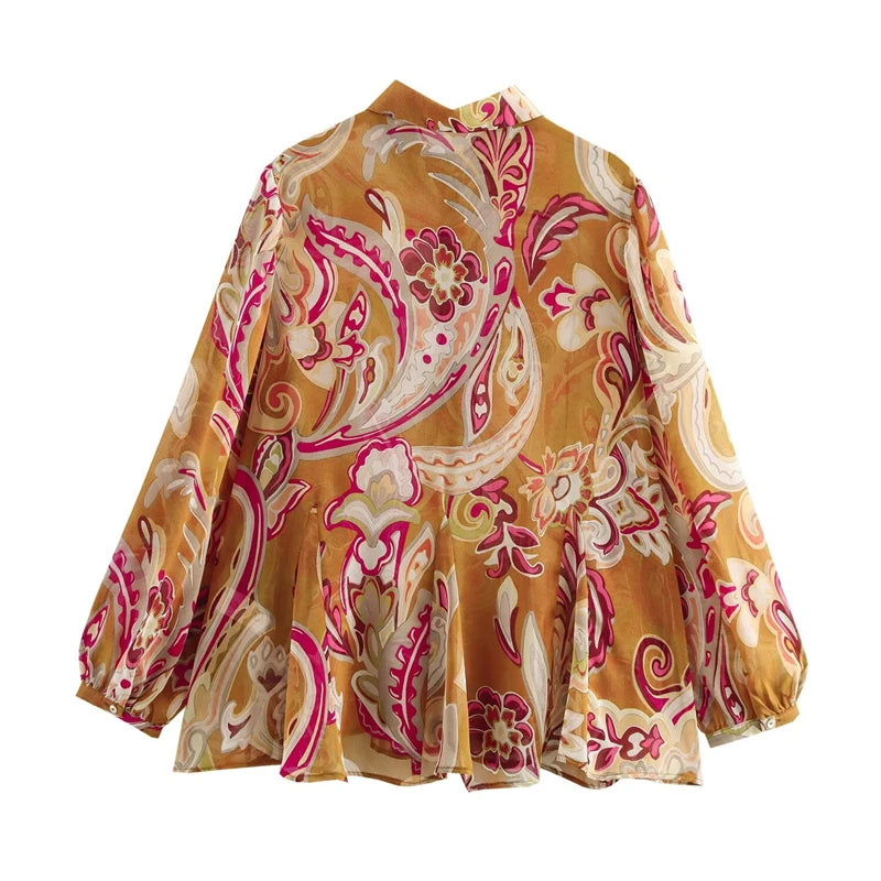 Spring New Ethnic style Flower Print Chiffon Shirt Single Breasted Tiered Ruffles Women's Sheer Top Thin Blouse
