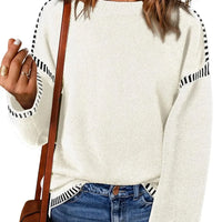 Women's Loose Long Sleeve Crew Neck Knitted Sweater Thickened Polyester Fiber Pure Color Tassel Knitwear