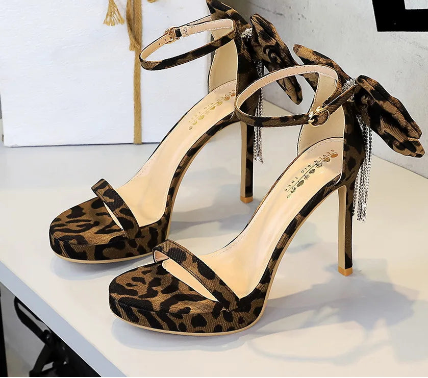 Women's Sandals Bow Chain Narrow Band Platform Sandals Lady Ceremony Party Stiletto Heels 11cm Ankle Buckle and Bow at back - Natalia Home Fashion