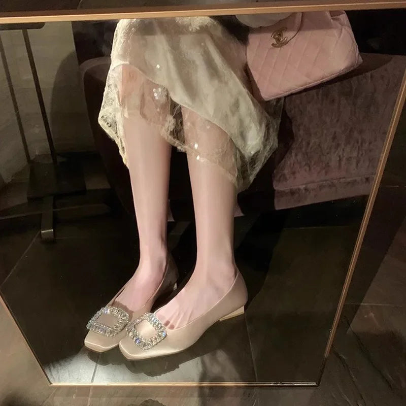 Women Flat Water Diamond Square Head Shallow Mouth Silver Single Shoes Fairy Soft Leather Temperament Commuting Woman Shoe