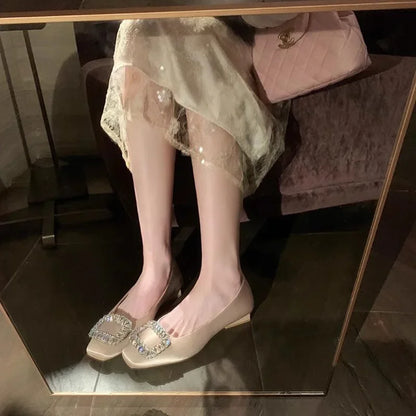 Women Flat Water Diamond Square Head Shallow Mouth Silver Single Shoes Fairy Soft Leather Temperament Commuting Woman Shoe