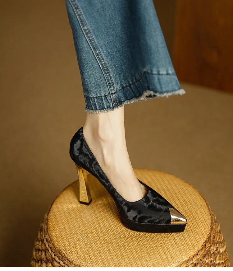 Fashion Women's Shoes Thin Block Heels 11cm Pointed Toe Shallow Mouth Ladies Pumps Party Shoes