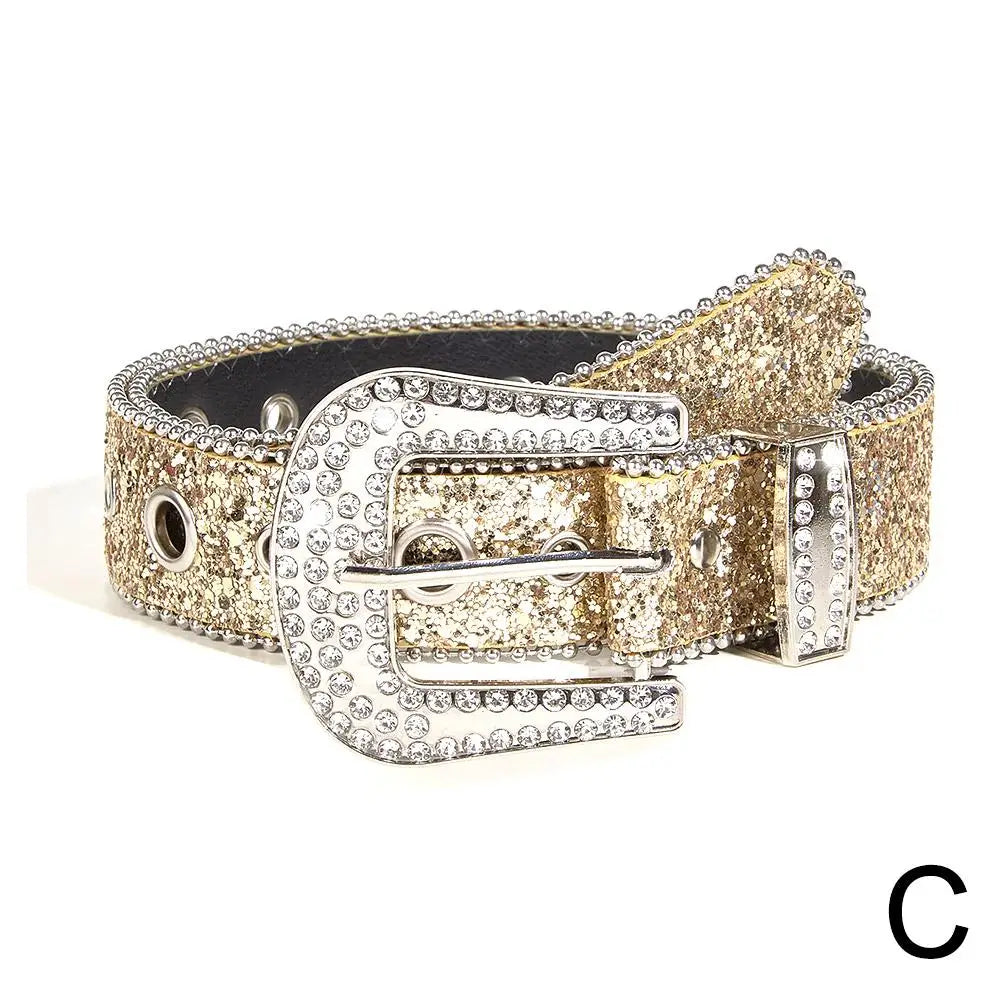 Skull Rivet Rhinestone Bb Belts Trendy Solid Color Sparkling PU Leather Belt Cowboy Cowgirl Jeans Pants Belt For Women Girls Natalia Home Fashion   Gold-CN Natalia Home Fashion