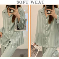Striped Satin Pajamas Women Jacquard Loungewear Long Sleeve Trousers Two-Piece Set Solid Color Roll-Neck Cardigan Sleepwear