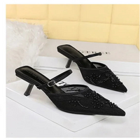 Sexy Embroidered Lace Mesh Slip-On Shoes with Fine Heel And Straps Hollow out Design for Women Fashionable Summer Slippers - Natalia Home Fashion