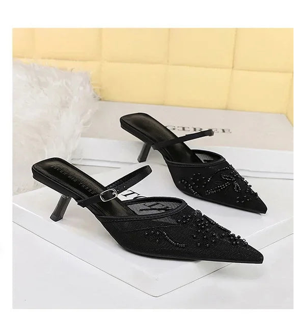 Sexy Embroidered Lace Mesh Slip-On Shoes with Fine Heel And Straps Hollow out Design for Women Fashionable Summer Slippers - Natalia Home Fashion