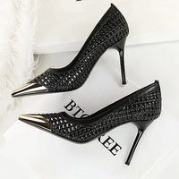Fashion Metal Decoration Pointed Toe Pumps Woman Thin Heels Sexy Hollow Out Ladies Shoes