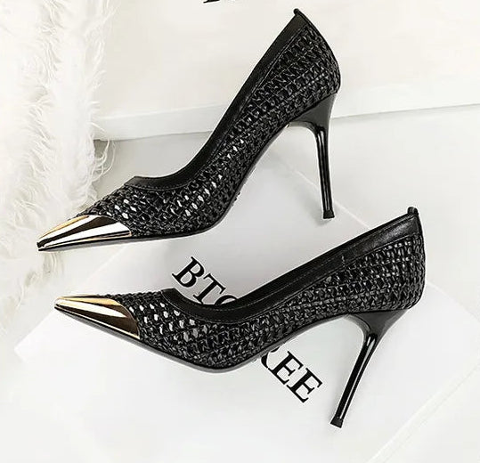 Fashion Metal Decoration Pointed Toe Pumps Woman Thin Heels Sexy Hollow Out Ladies Shoes