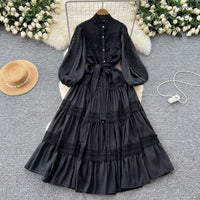 Elegant Hollow Out Organza Long Maxi Dresses Shirt Women  Layer Ruffle Full Sleeve Pearl Evening Party Dress