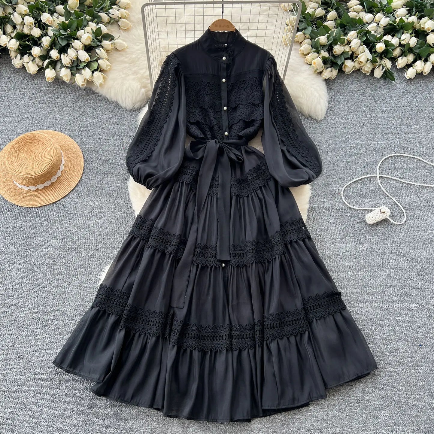 Elegant Hollow Out Organza Long Maxi Dresses Shirt Women  Layer Ruffle Full Sleeve Pearl Evening Party Dress