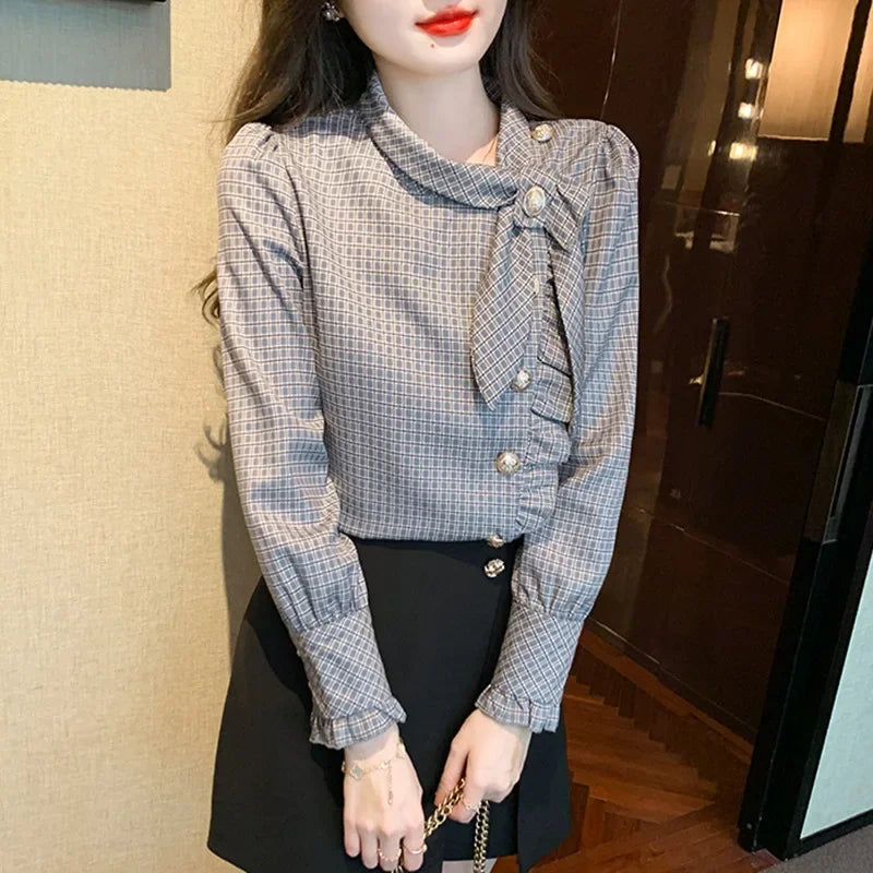 Elegant Plaid Long Sleeve Women's Shirt Vintage Design Simple Style Ageless Fashionable Top Quality Material