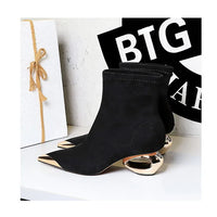 Street Style Fur Metal Hollow Heel Modern Faux Suede Short Boots for Women Metal Pointed Toe Low Heel Boots Female