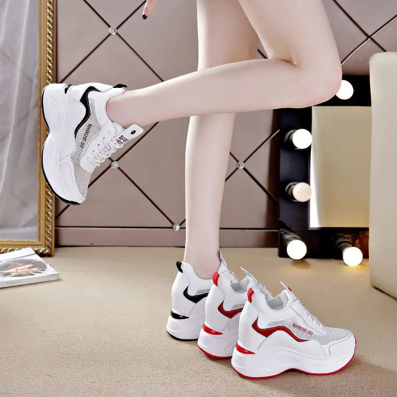 Women's Breathable Mesh Sports Shoes Thick Bottom Casual Flat Platform Sneakers round Toe Mid Heel Cross Buckle