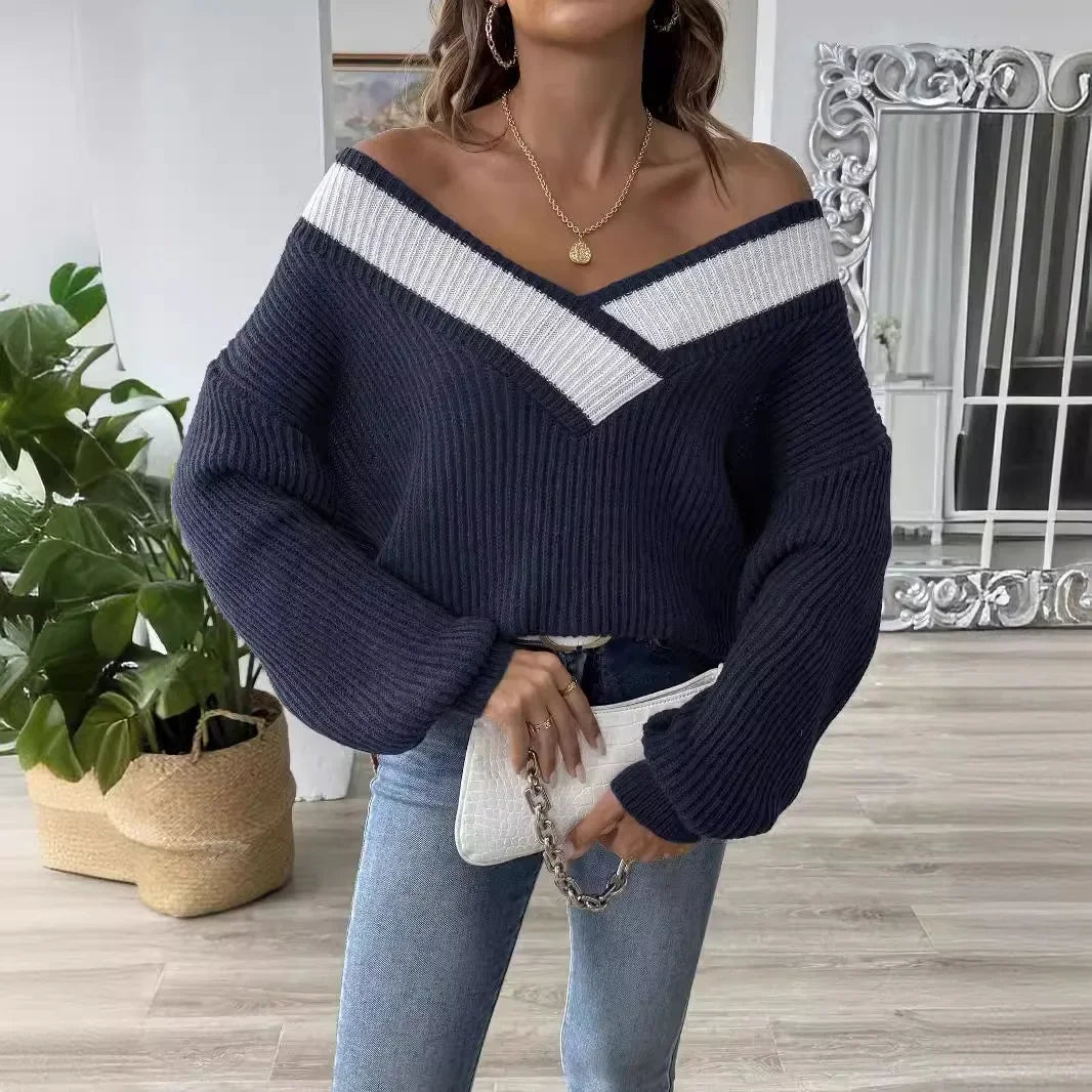 Loose Knitted Sweater V-Neck Color Block Design Women's Overhead Shirt Full Sleeve Polyester Fiber Cross-Border Fashion