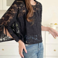 Round Neck Lace Shirt Women's Summer Floral Print Tie Dotted Cotton Blend Full Sleeve Slim Fit Button up Top Natalia Home Fashion    Natalia Home Fashion
