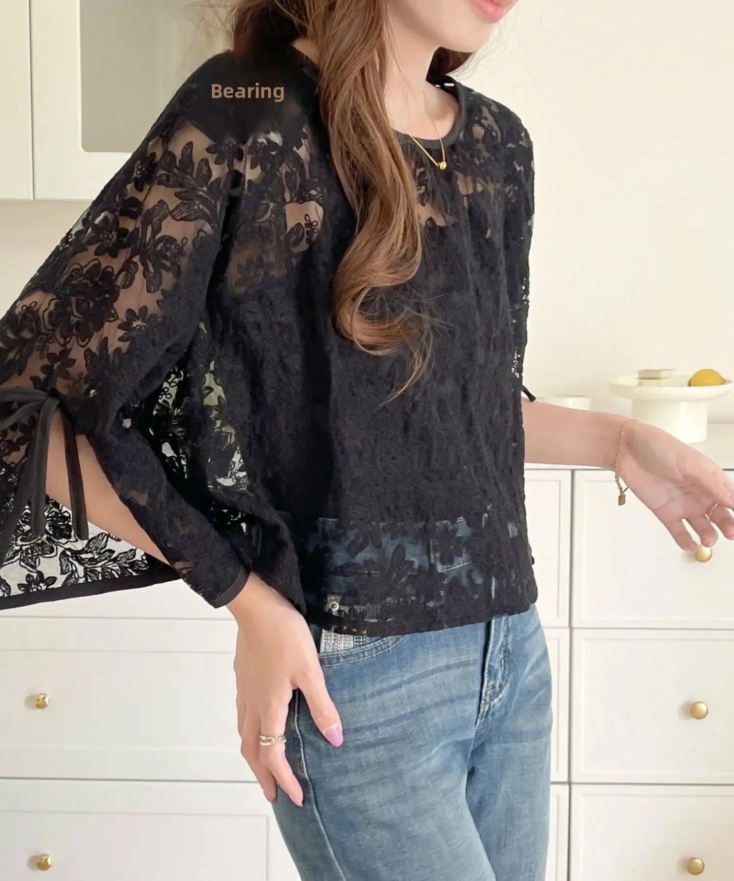 Round Neck Lace Shirt Women's Summer Floral Print Tie Dotted Cotton Blend Full Sleeve Slim Fit Button up Top