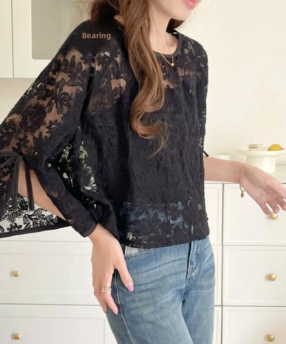 Round Neck Lace Shirt Women's Summer Floral Print Tie Dotted Cotton Blend Full Sleeve Slim Fit Button up Top