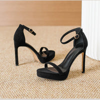 Brand Design Ankle Straps Women Sandals 11Cm Open Toe Platform Party Pumps Flock Leather High Heels