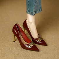 French Style Single Shoes Spring Women Pumps New Pointed Toe Shallow Mouth Metallic Buckle Commuting Shoes Stiletto Single Shoes