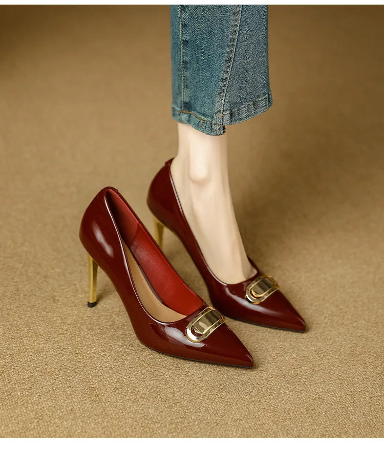French Style Single Shoes Spring Women Pumps New Pointed Toe Shallow Mouth Metallic Buckle Commuting Shoes Stiletto Single Shoes