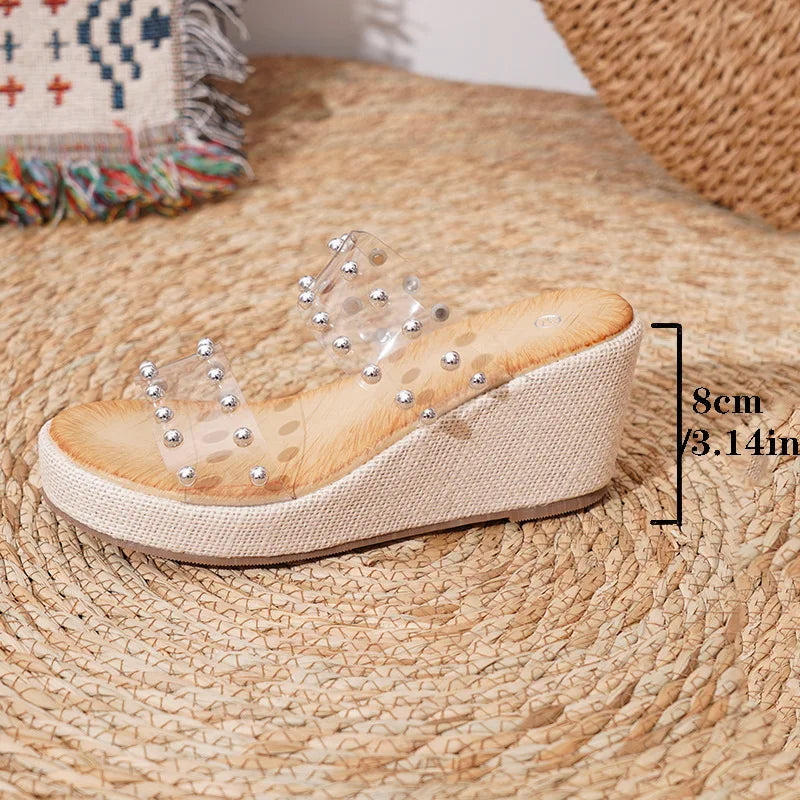 Pearl Decorated Thick Heel Casual Women's Sandals Slip-On round Toe PU Upgraded Comfortable Summer High Heels