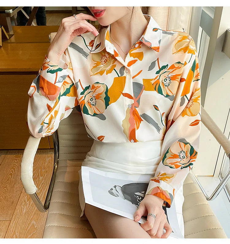Vintage Style for Women Long Sleeve Flower Printed Spring Autumn semi formal Style Elegant Single Breasted Shirt