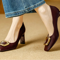 Basic Shallow Square Toe Women Pumps High Quality PU Leather Matte Thick Heel Office Shoes Woman Maroon 7CM High Heels