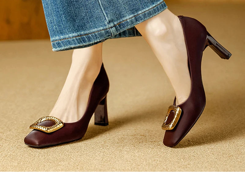 Basic Shallow Square Toe Women Pumps High Quality PU Leather Matte Thick Heel Office Shoes Woman Maroon 7CM High Heels