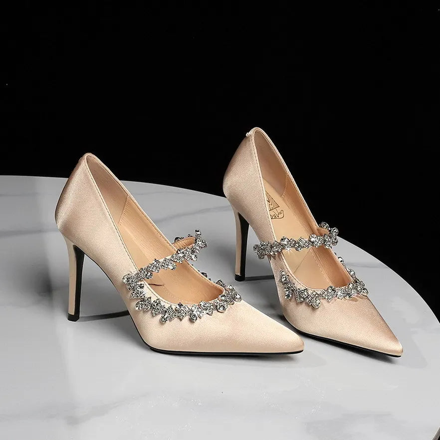 Elegant French Style High Heels Women's Satin Pointed Toe Shoes with Water Diamond Decoration Thin Heel Single Shoes