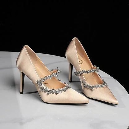 Elegant French Style High Heels Women's Satin Pointed Toe Shoes with Water Diamond Decoration Thin Heel Single Shoes