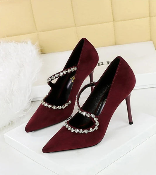Banquet Pointed Toe High Heels Diamond Chain One-Strip Thin Heel Super High Heels Light Mouth Elegant Lace-Up - Natalia Home Fashion