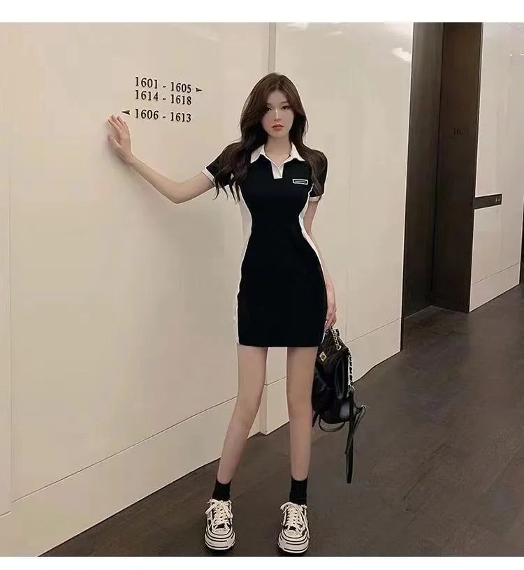 Women Polo Collar Dress Elegant Color block Short Sleeve Bodycon Midi Dress Casual Slim Fit T Shirt Dresses for Women