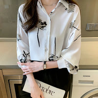 Women's Blouse Long Sleeve Rose Printed Fashionable Chiffon Shirt Long Sleeve Top