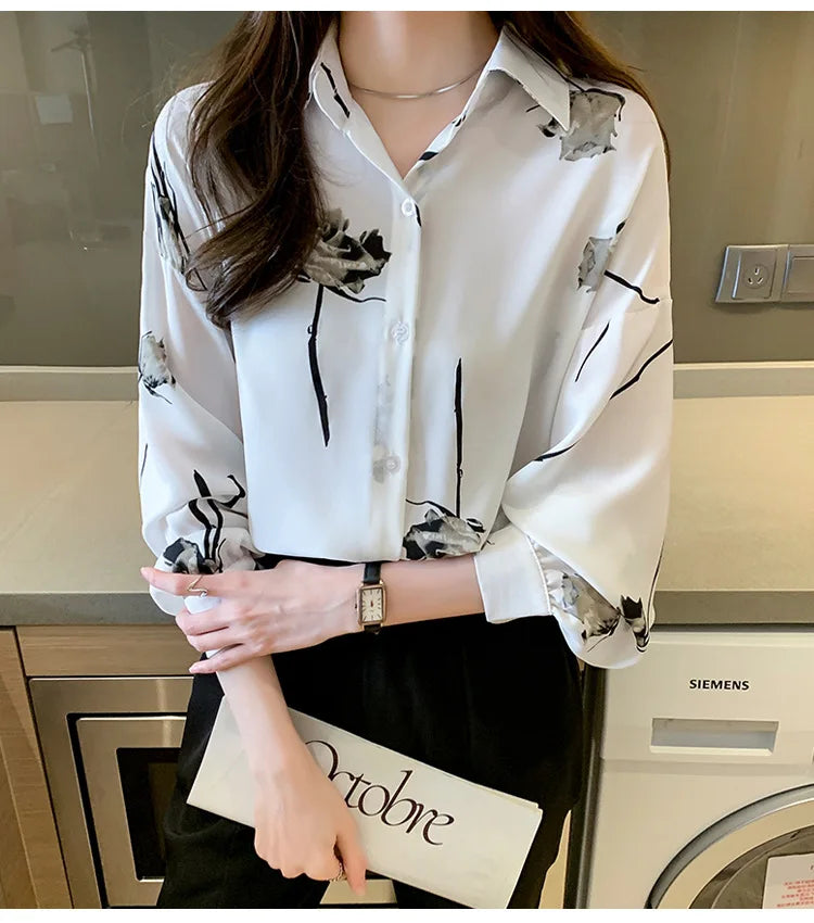 Women's Blouse Long Sleeve Rose Printed Fashionable Chiffon Shirt Long Sleeve Top