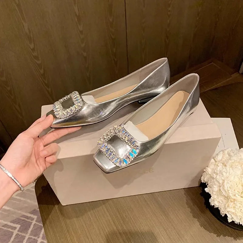 Women Flat Water Diamond Square Head Shallow Mouth Silver Single Shoes Fairy Soft Leather Temperament Commuting Woman Shoe