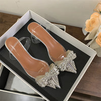 Fashion Design Crystal Bowknot Women Pumps Sexy Pointed Toe Clear High Heels Wedding Prom Shoes PVC Transparent Sandals